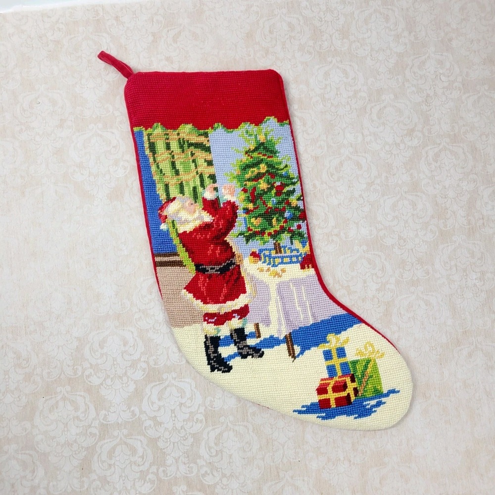 Lands End Wool Needlepoint Santa Claus Christmas Stocking